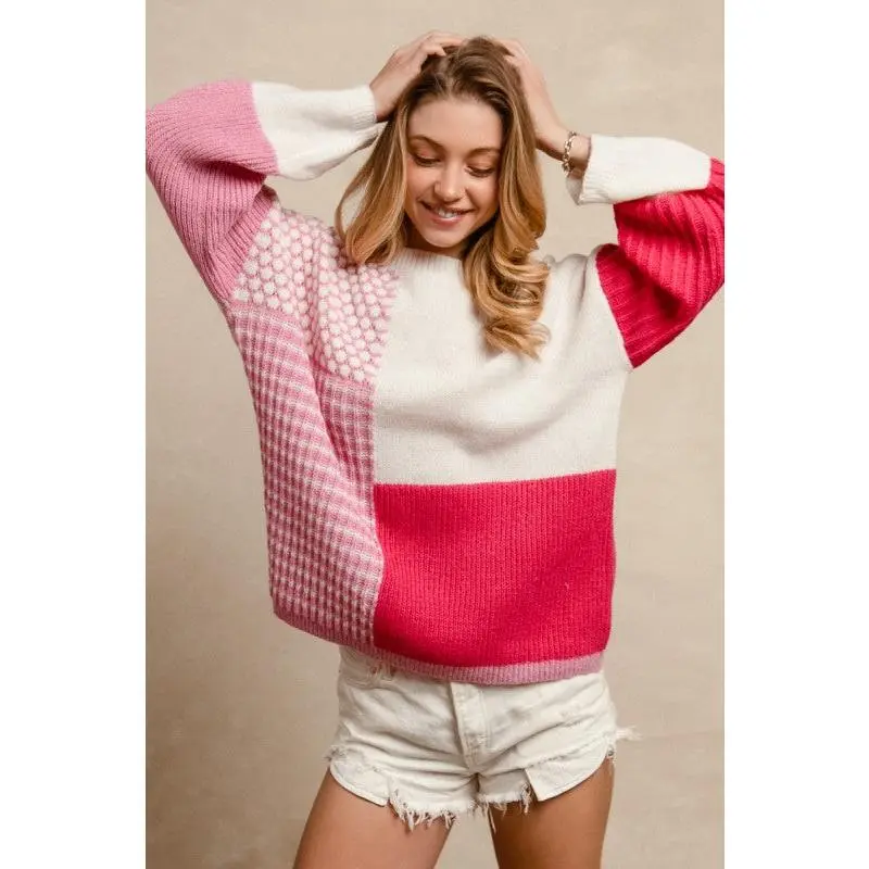 Mixed Pattern Block Sweater - Fuschia Ivory