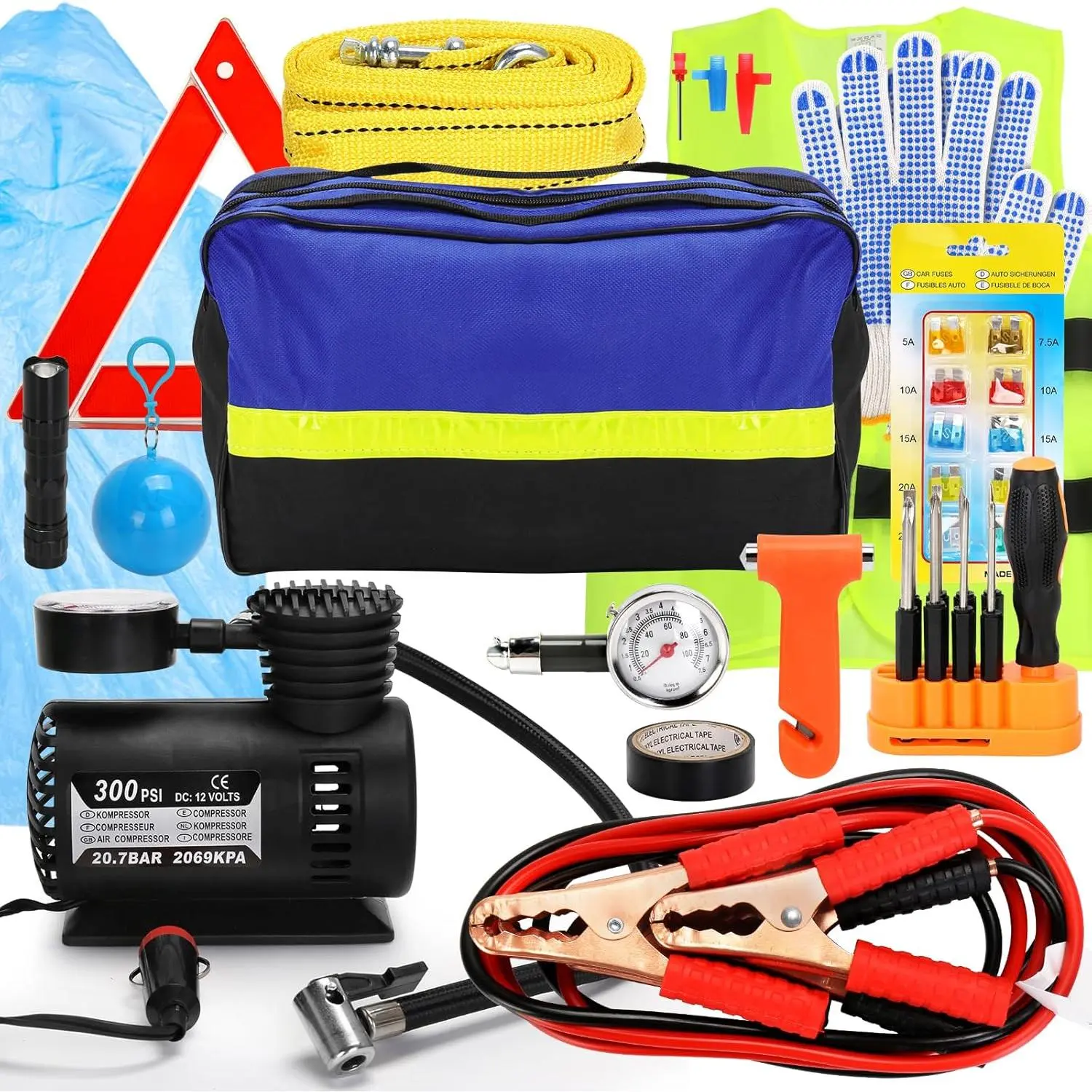 Car Safety Kit,14-Piece Roadside Emergency Car Kit,Vehicle Emergency Kit with Jumper Cables,Car Emergency Kit with Portable Air Compressor Tow Trap for Travel Campin