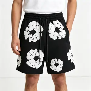 Denim Tears Unisex 2‑Piece Oversized Outfit Set, Casual Crew‑Neck Short‑Sleeve T‑Shirt & Elastic‑Waist Drawstring Shorts, 3D Raised Foam Floral Print Streetwear Matching Set, Loose‑Fit Summer Daily Tracksuit, Separable Two‑Piece Suit For Teens And Adults