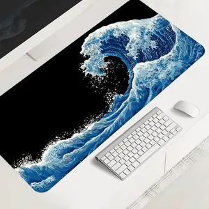 Ocean Wave Large-Sized Gaming Mouse Pad, Aesthetic Kanagawa Japan Desktop Protection Pad, Desk Accessories, Anti-Slip Rubber Lock Edge High-Definition Printing, Suitable for Computers, Laptops, Offices, Homes, Schools, as a Gift for Family and Friends