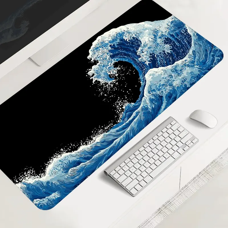 Ocean Wave Large-Sized Gaming Mouse Pad, Kanagawa Japan Desktop Protection Pad, Desk Accessories, Desk Setup, Anti-Slip Rubber Lock Edge High-Definition Printing, Suitable for Computers, Laptops, Offices, Homes, as a Gift for Family and Friends