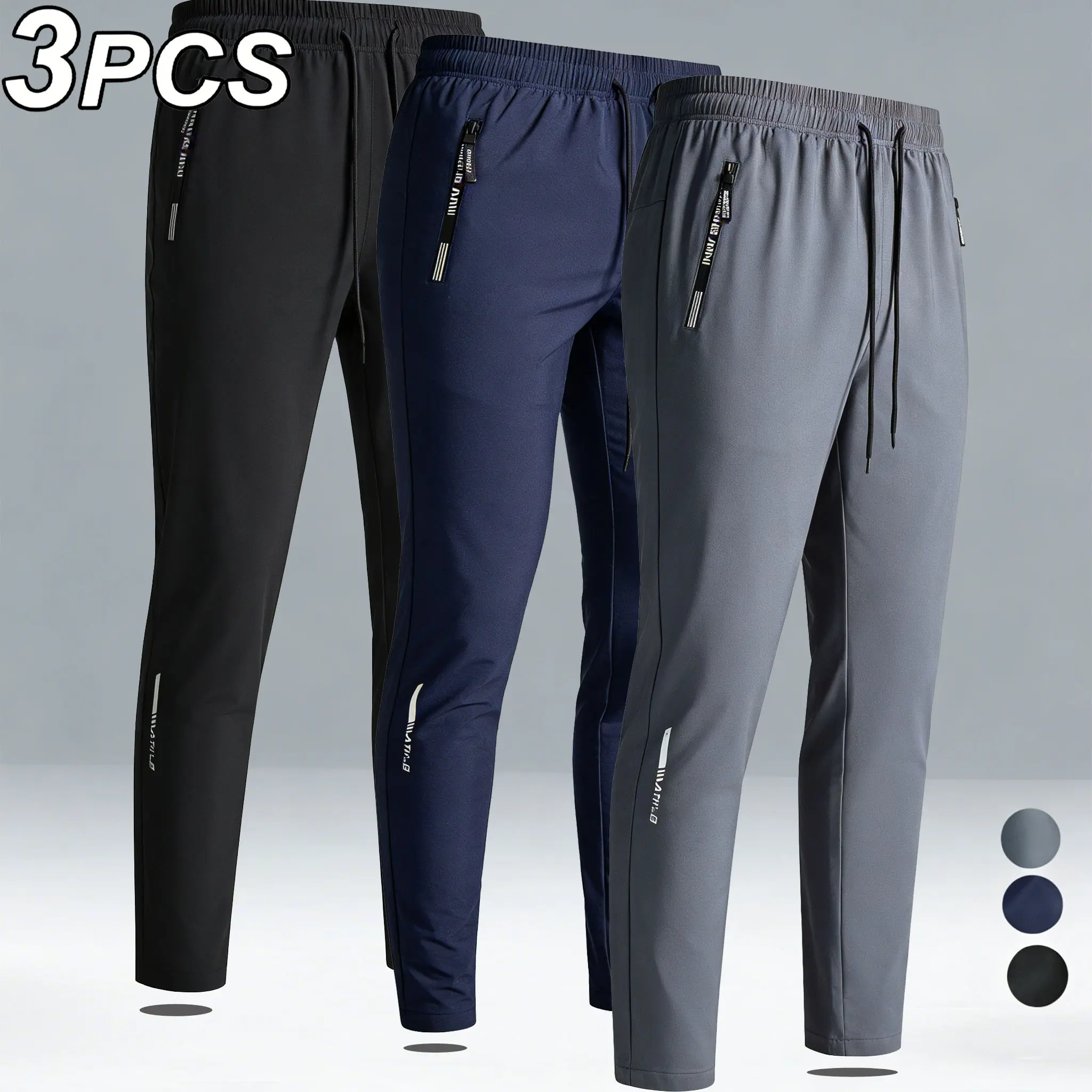 3 Pack Men's Quick Dry Ice Silk Pants, Elastic Waist Joggers with Zipper Pockets, Lightweight Breathable Athletic Sweatpants for Running, Gym, Workout, Casual Daily Wear Thermal Hiking Snowpants