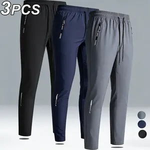 3 Pack Men's Quick Dry Ice Silk Pants, Elastic Waist Joggers with Zipper Pockets, Lightweight Breathable Athletic Sweatpants for Running, Gym, Workout, Casual Daily Wear