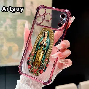 Four Corner Airbag Anti-Collision Electroplated Phone Case for iPhone 17 Pro Max 16 15 Plus Air 14 13 12 11 E Virgin of Roses Patterned Protection Smartphone Cover