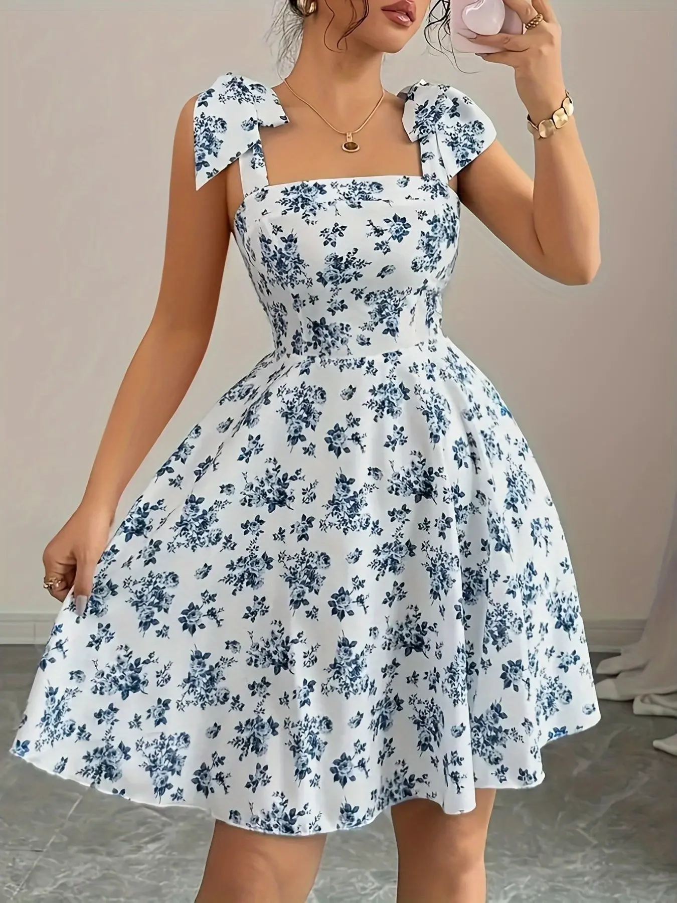 Women's Spring Summer Elegant Aesthetic Style Off-Shoulder Floral Print Fitted A-Line Dress, Stylish Casual Wear, Perfect for Parties and Daily, Boho Casual Dress, Boho Cottagecore Style, Boho Pattern, Bohemian, Womenswear