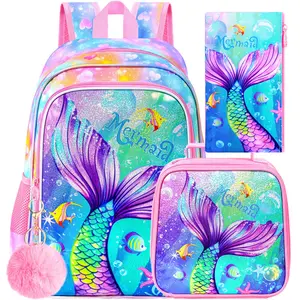 16" Mermaid Backpack for Girls, 3Pcs Kids Fish Tail Backpacks with Lunch Box, School Bookbag for Elementary Preschool Kindergarten(Pink)