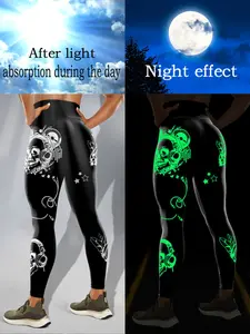 Women's Skull Print Elastic Yoga Pants, High Waist Comfortable Breathable Casual Pants, Sports Stretchy Leggings, Polyester Spandex Blend