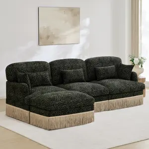 AOBTKEL，100"Comfy Chenille Leopard Printing L-Shaped Sofa,Delicate Tassel Edge,Movable Ottoman,Modern Fashion Style,Ergonomic Back and Seat Design,Easy Assembly,Deep Seat Design for Living Room,Green black