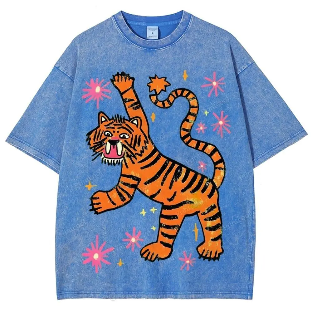 Carnival Tiger Unisex Vintage Washed Tee, Colorful Tiger Festival Art Graphic Shirt, Bold Retro Streetwear