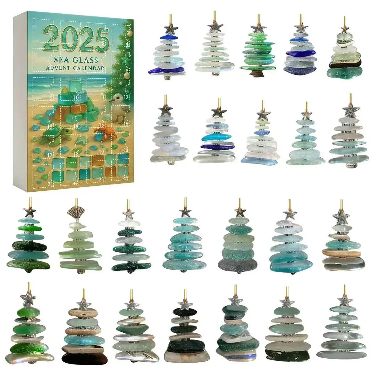 Sea Glass Christmas Tree Countdown Calendar Blind Box Hanging Decor Acrylic Gift, Sea Glass Christmas Tree Countdown Calendar Xmas Present