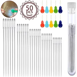 Large-Eye  for Hand Sewing, 50 count  Large Eye Sewing  with Threaders and Storage Tube 5 Size Large Eye Pointed Stitching  for Stitching Crafting Projects and Embroidery