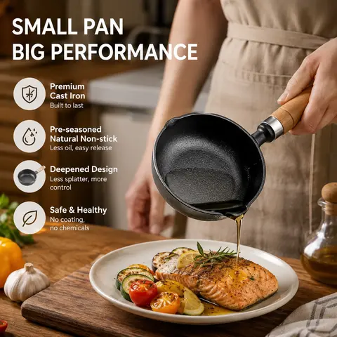 Pre-Seasoned Cast Iron Small Sauce Pan - 1 Count, 4.3 in, Wooden Handle, Dual Pour Spout for Searing, Sauce Making, Small Portion Daily Cooking