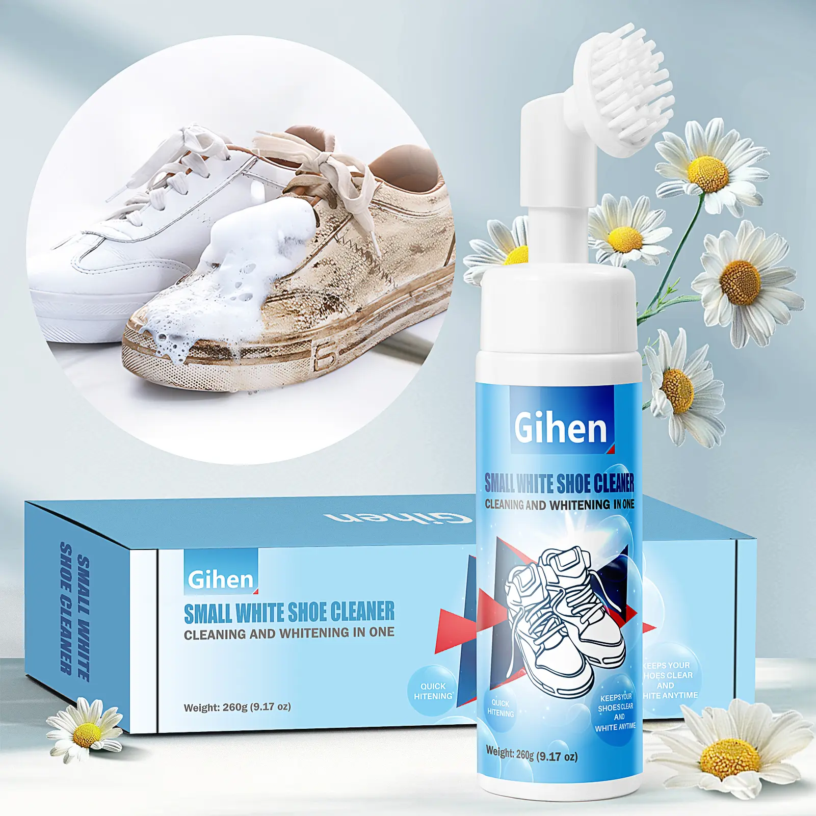 Gihen Shoe Cleaner Kits (9.17 oz), Water-Free Foam Shoe Cleaner - No Water Formula for Quick, Effortless Cleaning. Complete Kit with Brush & Towel for Sneakers, Leather, Rubber, Suede & More