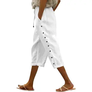 Striped Linen Pants Women Linen Capri Pants Lightweight Spring Summer Pants for Women 2025 Ladies Pinstripe Pants