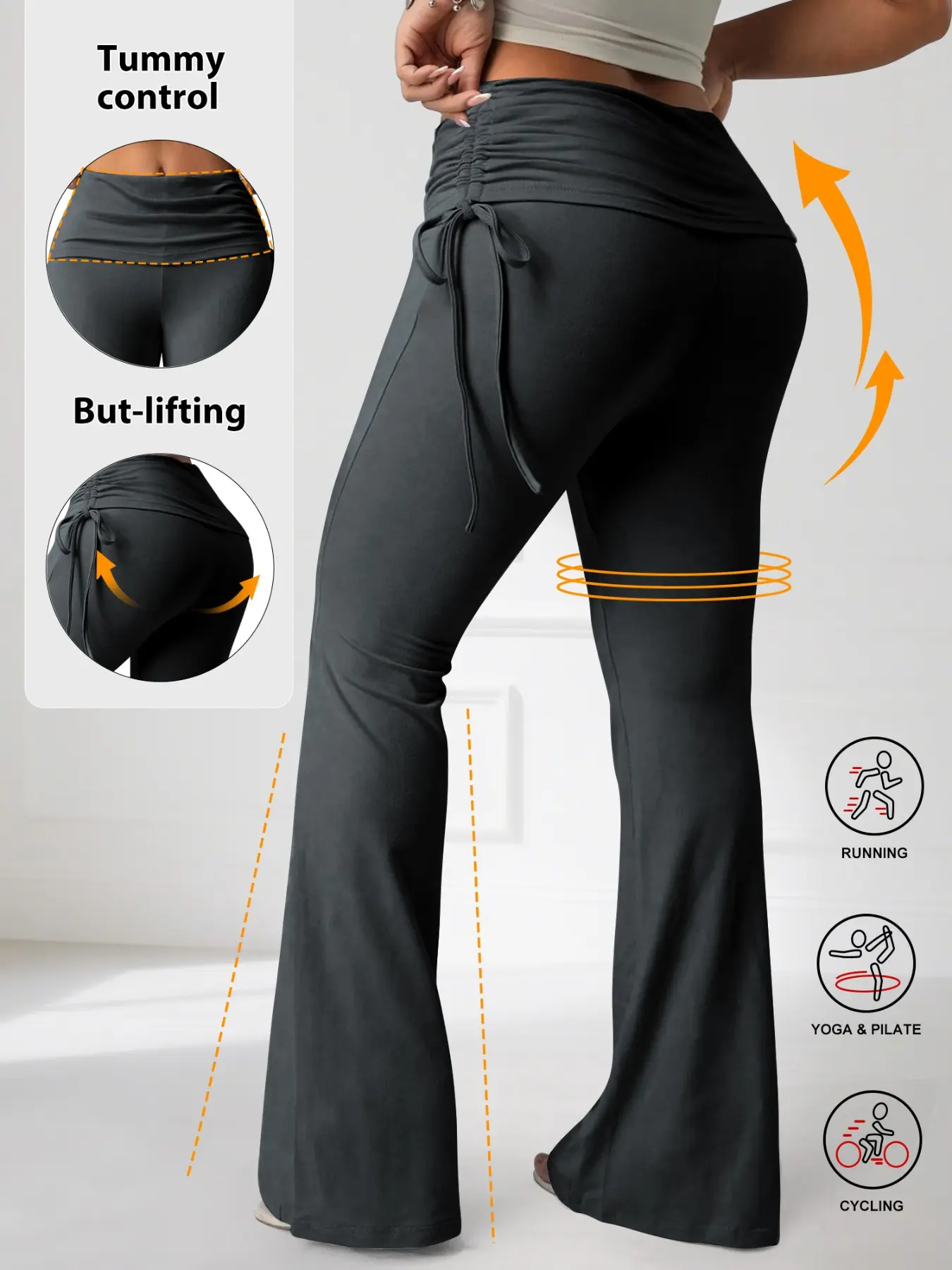 Plus Size High Waist Flare Pants, Back Pleated Butt Lifting Design, Slim Fit Elasticity, Fitted, Sexy Tight-Fit, Casual Everyday Y2K Street Fashion Women's Pants Bottom, Womenswear, Casual Fashion Bottoms