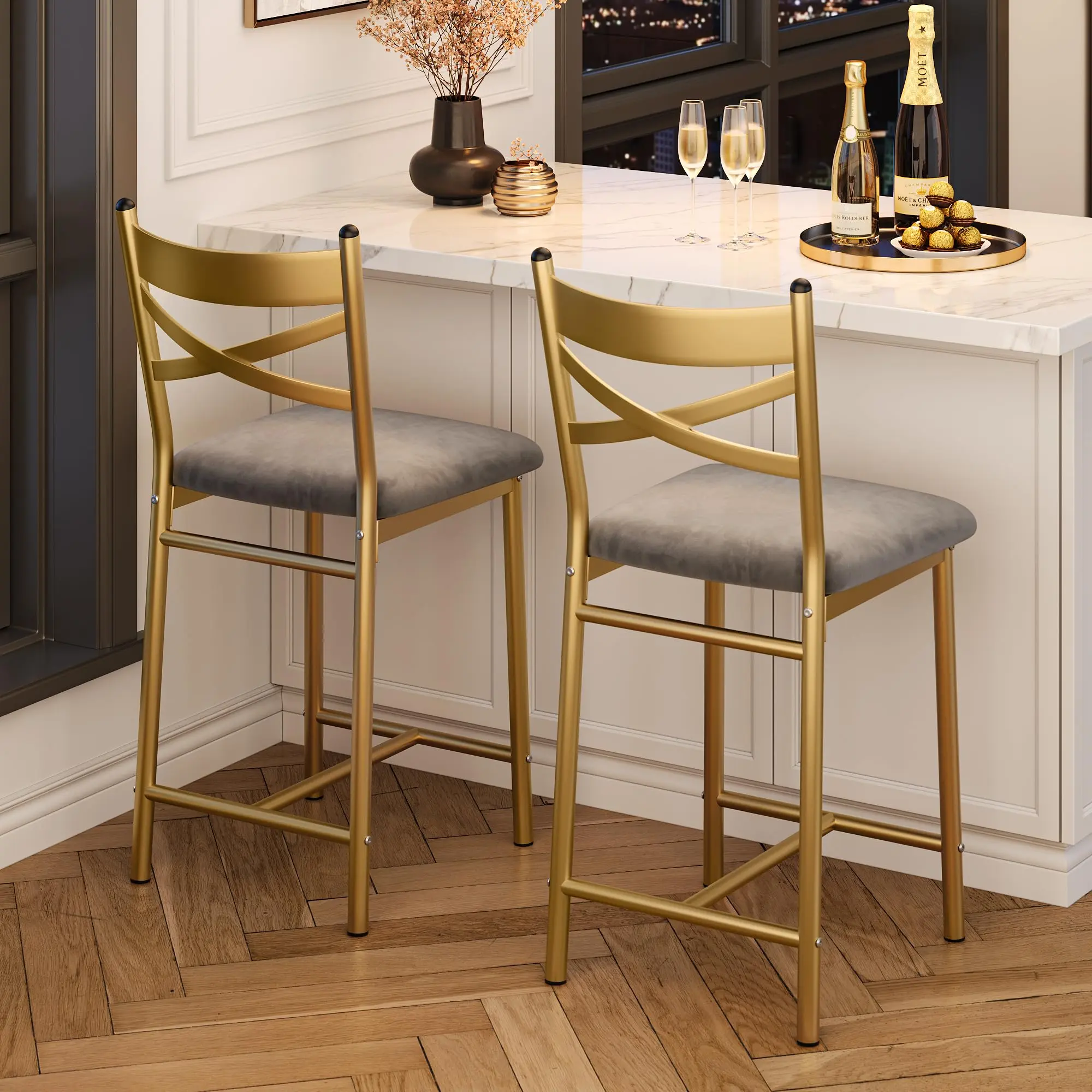 Garvee Set of 2 26-Inch Counter Height Bar Stools with Metal X-Back, Thick Cushioned Synthetic Leather Seats, and Waterproof Surface for Dining or Bar Use