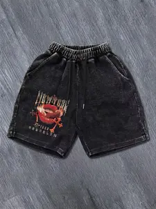 Men's Denim-Effect Print Letter Graphic Drawstring Waist Shorts, Regular Fit Fitted Casual Street Comfy Shorts for Summer, Men's Bottoms for Daily Wear