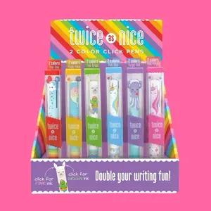 Twice As Nice Rainbow 2 Color Click Pens Display of 30 - Pink & Green Ink Options for Double Writing Fun