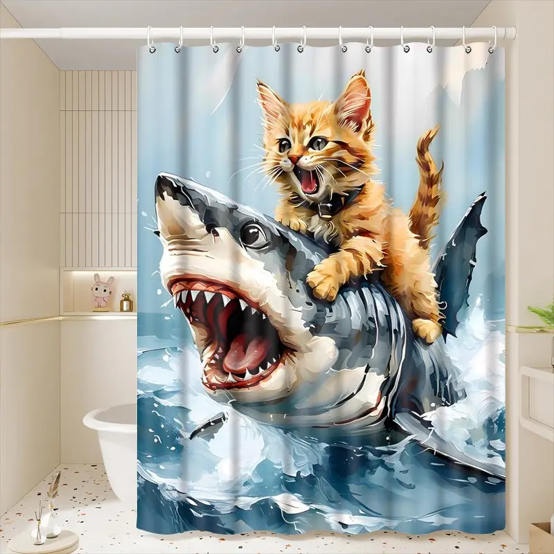 1pc Whimsical Orange Cat Riding Shark Printed Shower Curtain with Plastic Hooks, Ocean Shower Curtain, for Bathtub Bathroom, Suitable for Home and Hotel Machine Washable Bathroom Decor & Accessory, Gifts for Christmas and Birthday