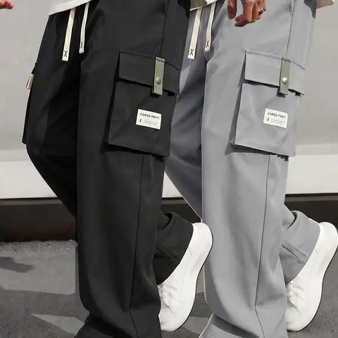 Men's Baggy Wide-Leg Cargo Pants - Loose Fit Style, Mid-Waist Drawstring Elastic Waist, Oversize, Multi-Size, Big Side Pockets, Wrinkle-Resistant Solid Color Casual Trousers, Baggy Pants