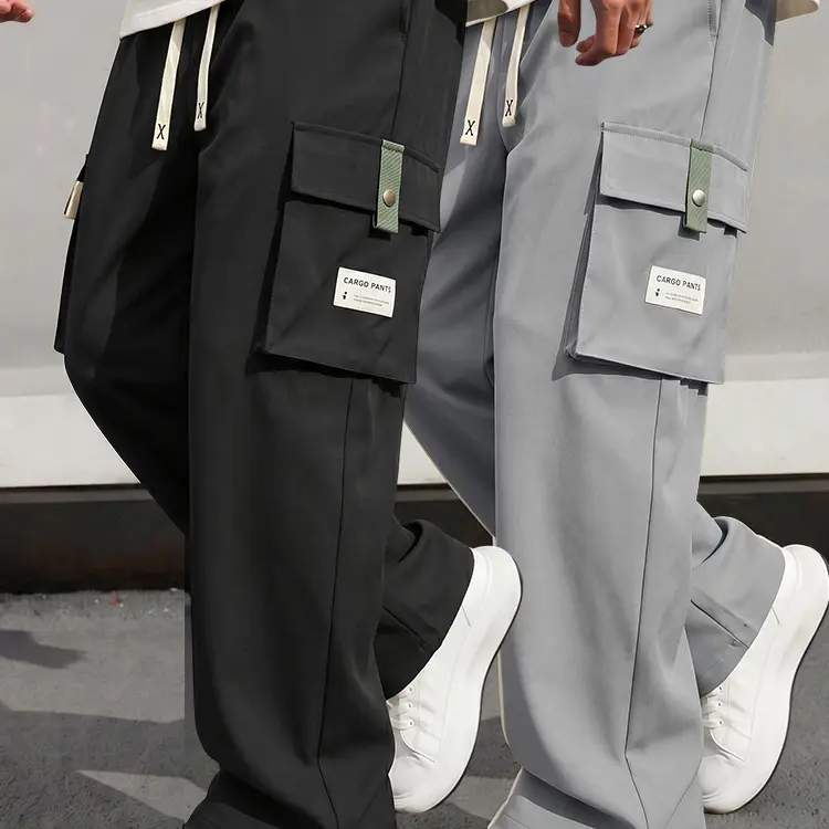 Men's Baggy Wide-Leg Cargo Pants - Loose Fit Style, Mid-Waist Drawstring Elastic Waist, Oversize, Multi-Size, Big Side Pockets, Wrinkle-Resistant Solid Color Casual Trousers, Baggy Pants