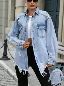 Casual Fashion Daily Multi-Pocket Ripped Hem Non-Elastic Women's Denim Jacket, Stylish and Comfortable Outerwear for Everyday Wear