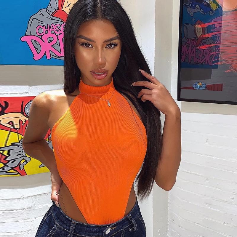 European and American women's slim fit vest top sexy hanging neck sleeveless high slit jumpsuit