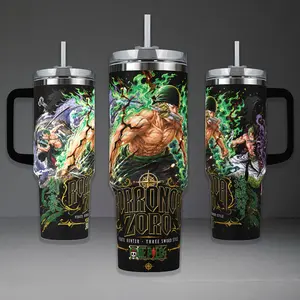 Roronoa Zoro Pirate Hunter Tumbler, One Piece Three Sword Style 40oz Cup with Handle, Wano Kuni Enma 20oz Stainless Steel Travel Mug, Anime Fan Gift, Zoro Inspired Insulated Tumbler Featuring Epic Green Aura Design.