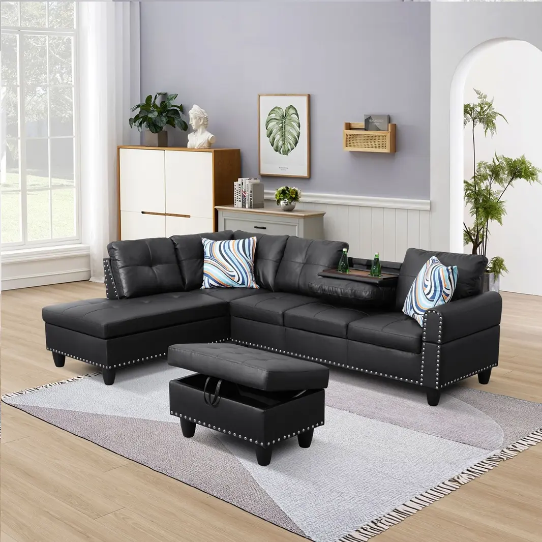 Luxury L-Shaped Sectional Sofa with Storage Ottoman - Indoor Living Room Furniture Set for Furniture Living Room & Decor