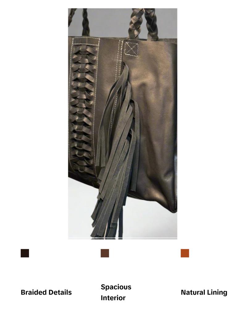Untammed Traveler Weekender Bag - Leather Tote with Braided Straps & Fringe - Spacious Inside Pocket - Black Brown Red Options