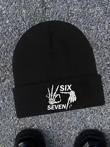 Unisex Six Seven Letter Print Beanie, Fall & Winter Knit Hat, Windproof Warm, Large Elasticity, Outdoor Sports Casual Cap