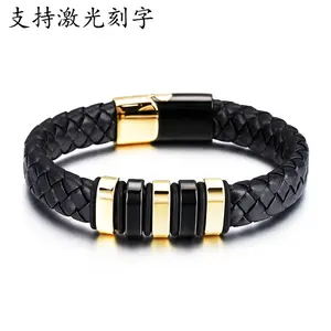 Personalizable Braided Bracelet for Men, Custom Engraved Magnetic Clasp, Stylish Wrist Jewelry with Gold and Black Accents