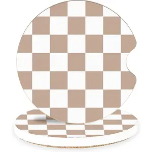 Brown Checkerboard Ceramic  Coasters - Absorbent  Cup Holder Coaster Set for Aesthetic  Interior, Retro Neutral  Accessories, 2 Pack