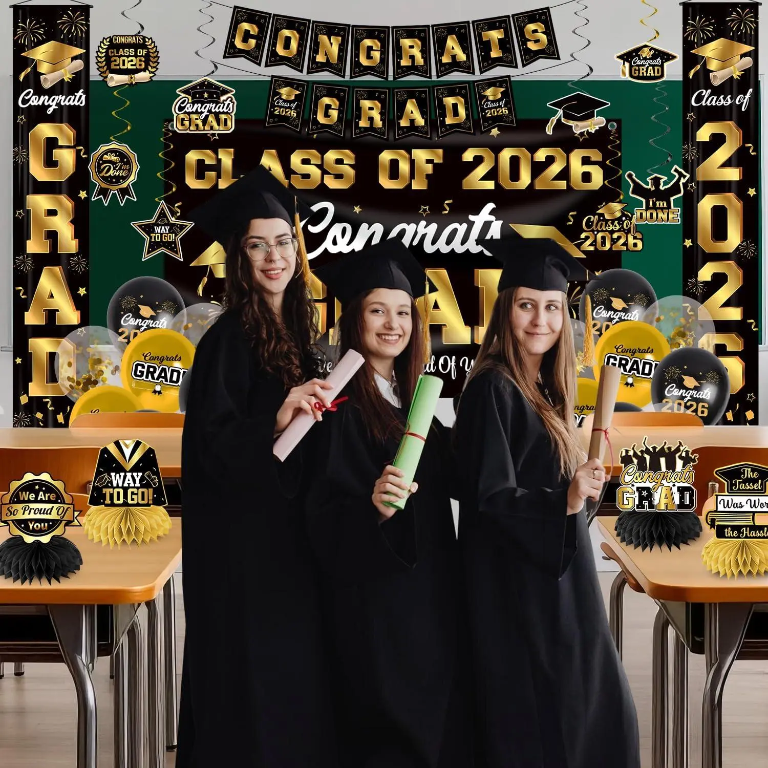 Graduation Decorations 2026 Black and Gold Party Decor Set Include ...