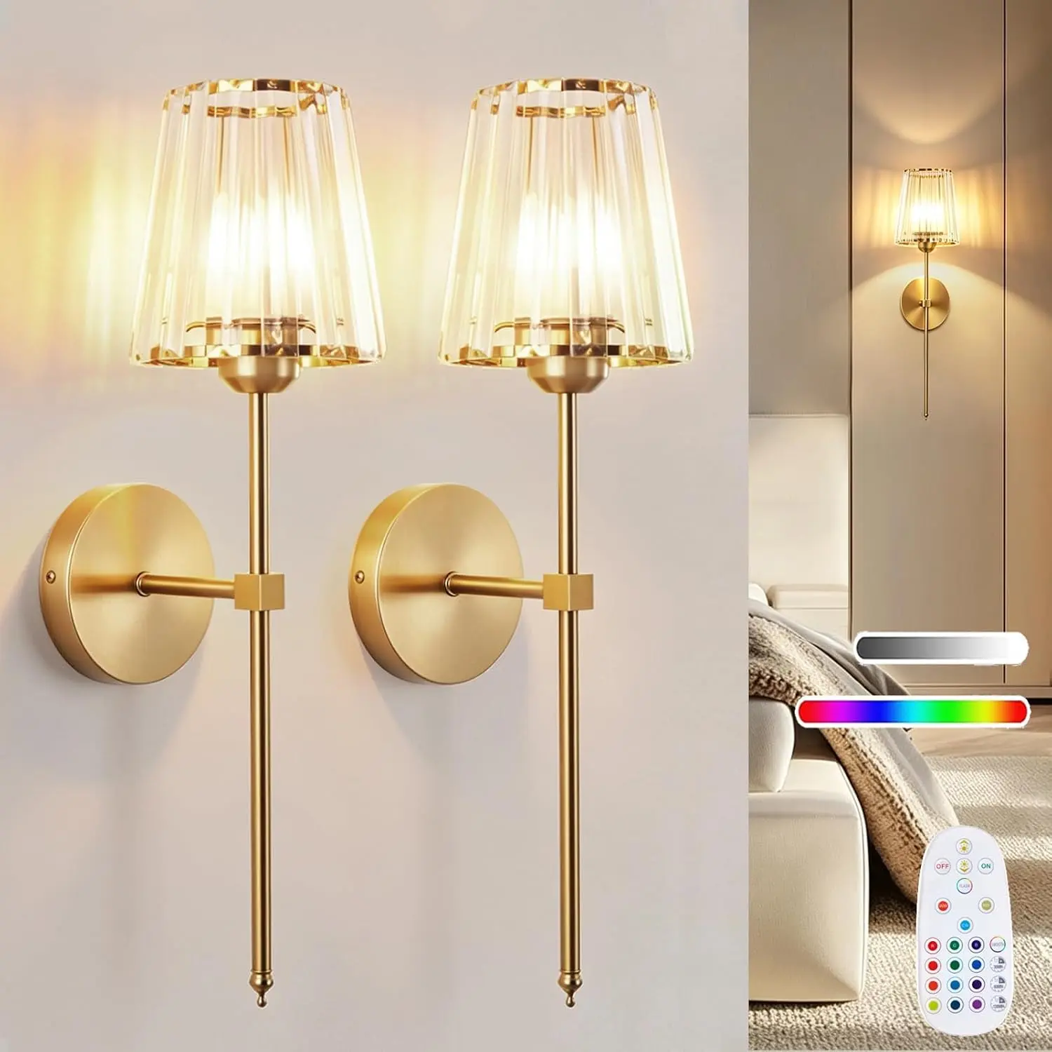 Set of 2 Crystal Wireless Wall Sconces, Gold Rechargeable LED Wall Lamp with Remote Control,Dimmable Light Bulb, Decor Crystal Wall Sconce for Bedroom Bathroom Living Room Hallway Headboard