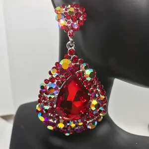 Large Red Earrings with AB Stones | Red Chunky Pageant Earrings | H202-7