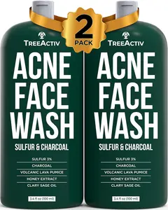TreeActiv Charcoal Face Wash, 3.4oz, Daily Face Wash with Sulfur and Honey, Charcoal Face Cleanser for Women and Men, 400+ Uses, 2-Pack