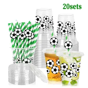 Football Party Cups with Lids and Straws, Disposable Plastic Kids Soccer Ball Cups, 10/20/50 Pack, Party Supplies, Perfect for Children Birthday Parties