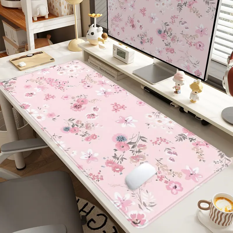 1pc Extra Large Pink Floral Mouse Pad Fresh Desk Pad,Computer Keyboard Mousepad with Non - Slip Rubber Base Durable Stitched Edge Perfect Gift for Home and Office Desktop Accessory, Desk Accessories