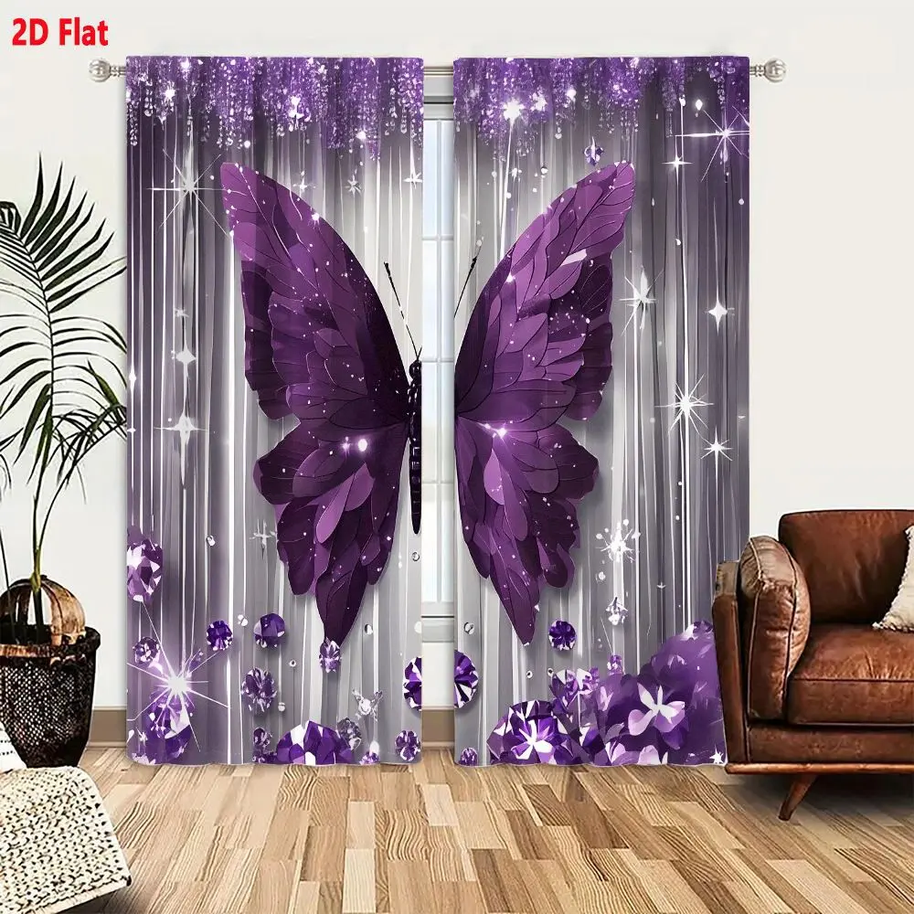 Fantasy Purple Butterfly Gemstone Curtain 2-Piece Set, Vertical Silver Stripes with Stars Light Effects, Glittering Flowers & Gem Accents, Luxury Whimsical Enchanted Bedroom Living Room Window Drapes
