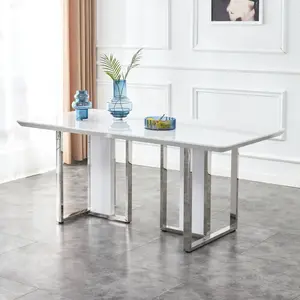A modern minimalist and luxurious white rectangular with a patterned dining table. MDF table and stainless steel frame. Computer desk. Game table. Used in restaurants and living rooms.W1151S00648