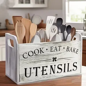 Large rustic wooden kitchen utensil storage box - 3-compartment countertop and wall-mountable storage box for cooking/baking utensils, sturdy kitchen rack with a multi-functional design.