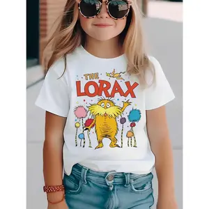 Colorful The Lorax Graphic Tee for Kids - Fun White 5-14Y T-Shirt Featuring Bold Red and Yellow Design with the Furry Lorax Character Surrounded by Whimsical Trees and a Flying Bird | Perfect for Playtime and Outdoor Adventures, only one piece of clothing