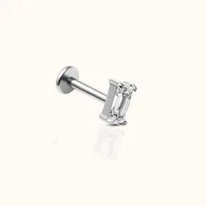 Rectangle CZ Threadless Labret Titanium Flat Back Earring