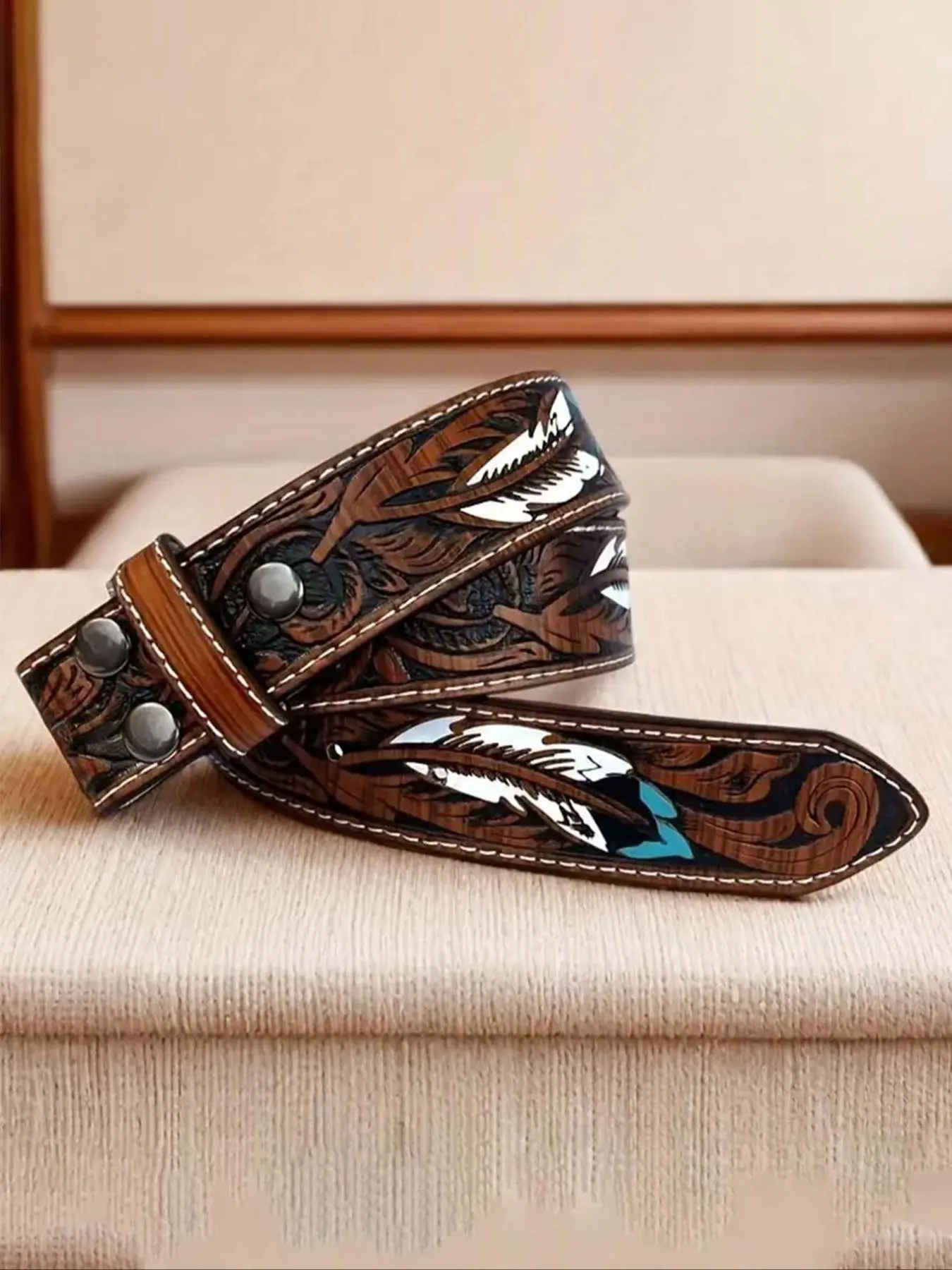 Feather Pattern Cowgirl Belt, Concho Belt, Western Cowboy Belts, Boho Style Ethnic Pattern Belt for Women & Men, Fashion Accessories for Daily Wear