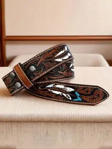 Western Cowboy Style Feather Pattern Belt, Boho Style Ethnic Pattern Belt for Women & Men, Fashion Accessories for Daily Wear