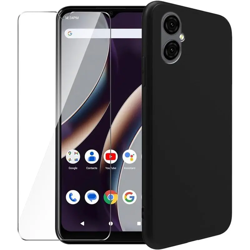 Case for Blu G53 + Glass Screen Protector Tempered Film - Transparent Silicone Soft Flexible Bumper Shockproof TPU Protective Cover Shell for Blu G53 (Black) Accessories Protection