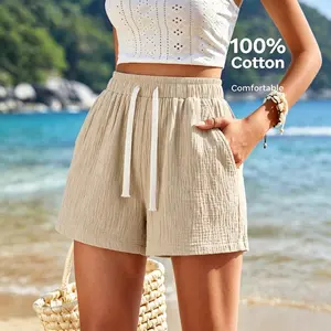 Women’s summer casual fashion shorts, comfortable, lightweight, breathable, with adjustable drawstring; easy to pair with trendy styles; suitable for home, everyday activities, travel, vacations, seaside, beach; 100% cotton.