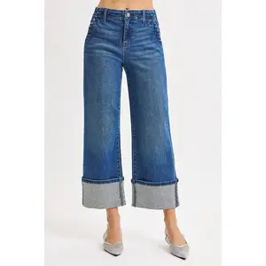RISEN High Rise Ankle Wide Rhine Stone Cuffed Jeans - Chic Loose-Fitting Cropped Jeans with Rhinestone Cuff for All Seasons Women's Fashion