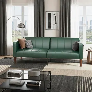 75-Inch Faux Leather Futon Sofa Bed – 3-Position Adjustable Backrest, Side Pocket, Available in Green or Black, Fits Living Room, Bedroom, Apartment, and Small Spaces